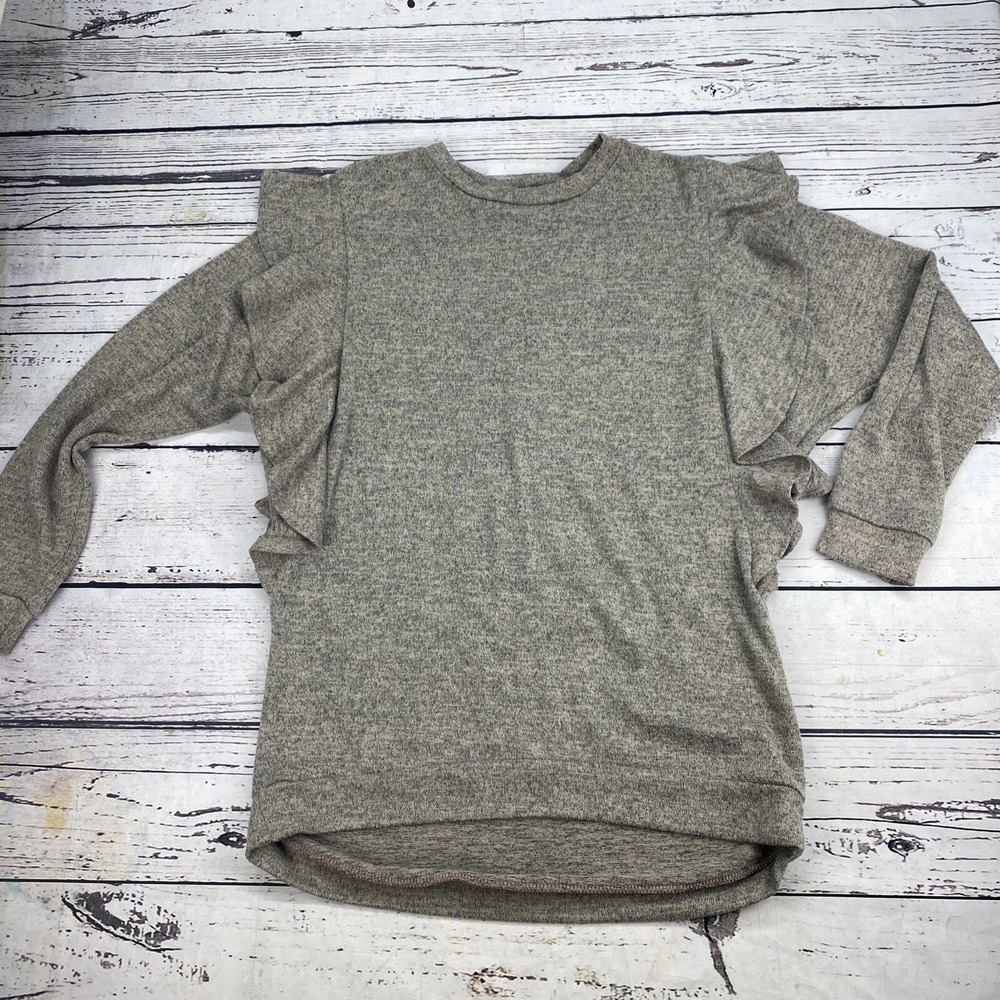 Gray Ruffled Shoulder Long Sleeve Top Knit Sweater Shirt Pullover Women's Large